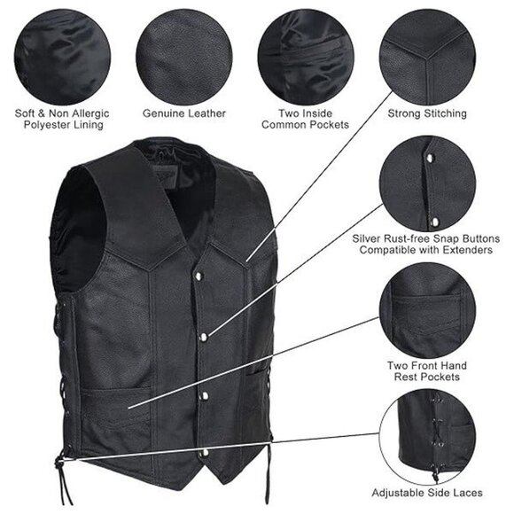 Dream Apparel Kids Motorcycle Genuine Leather Laced Biker Vest Black KD392 - Picture 2 of 7